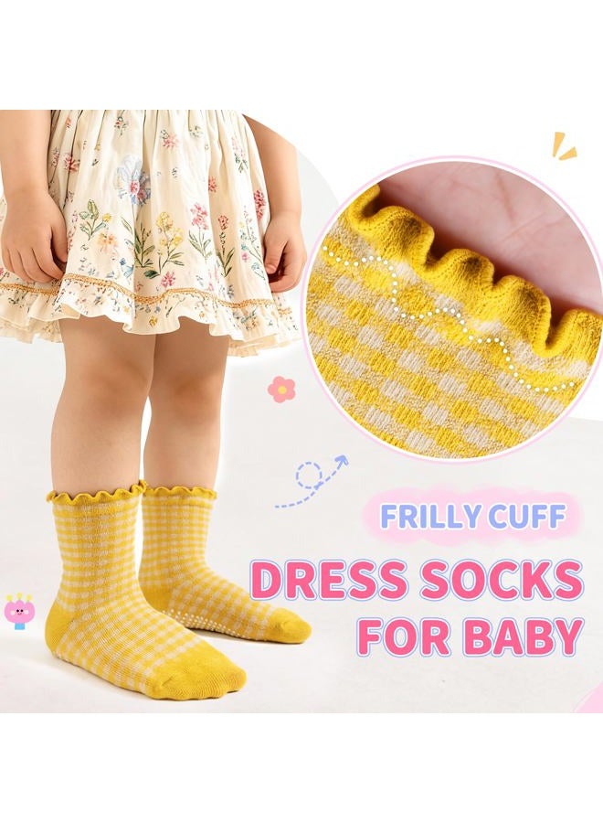 Eocom Toddler Ruffle Socks Baby Girls Non Slip Frilly Dress Cotton Grips Socks 6 Pairs, Check, 1-3 Years - Image 3