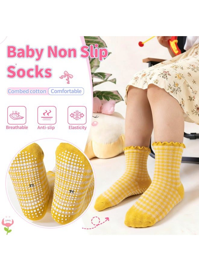 Eocom Toddler Ruffle Socks Baby Girls Non Slip Frilly Dress Cotton Grips Socks 6 Pairs, Check, 1-3 Years - Image 4
