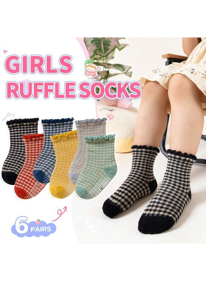 Eocom Toddler Ruffle Socks Baby Girls Non Slip Frilly Dress Cotton Grips Socks 6 Pairs, Check, 1-3 Years - Image 2