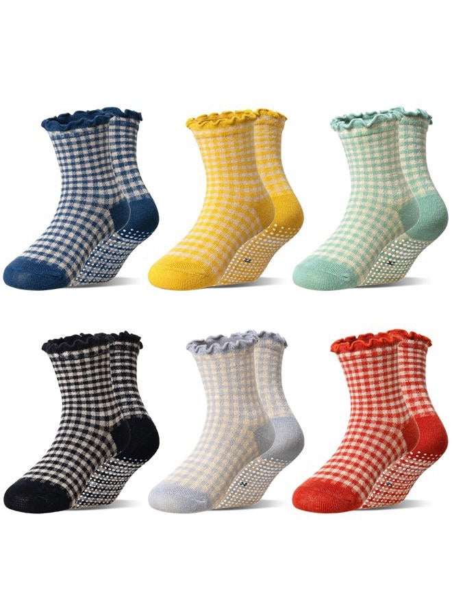 Eocom Toddler Ruffle Socks Baby Girls Non Slip Frilly Dress Cotton Grips Socks 6 Pairs, Check, 1-3 Years - Image 1