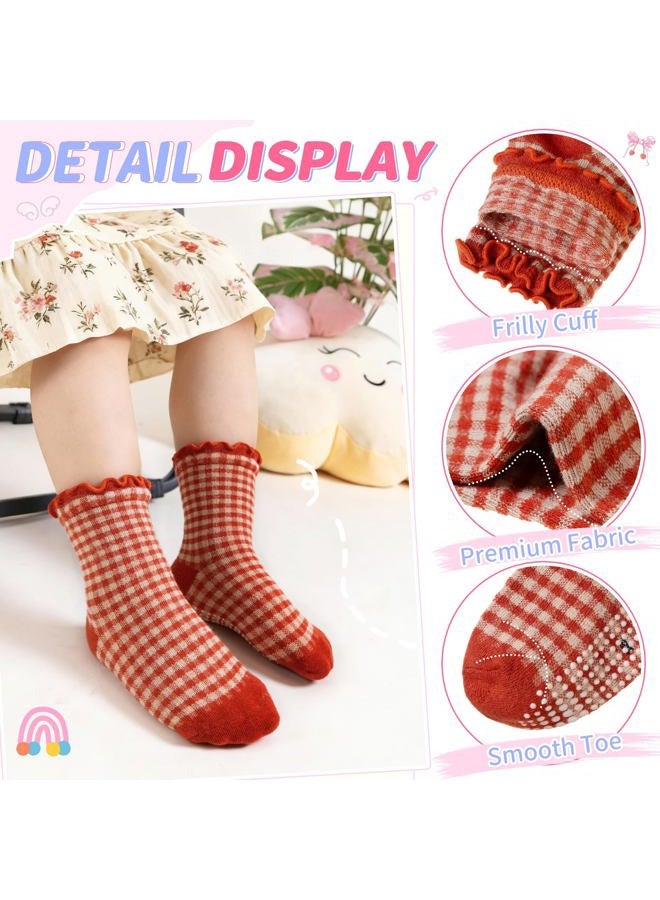 Eocom Toddler Ruffle Socks Baby Girls Non Slip Frilly Dress Cotton Grips Socks 6 Pairs, Check, 1-3 Years - Image 5