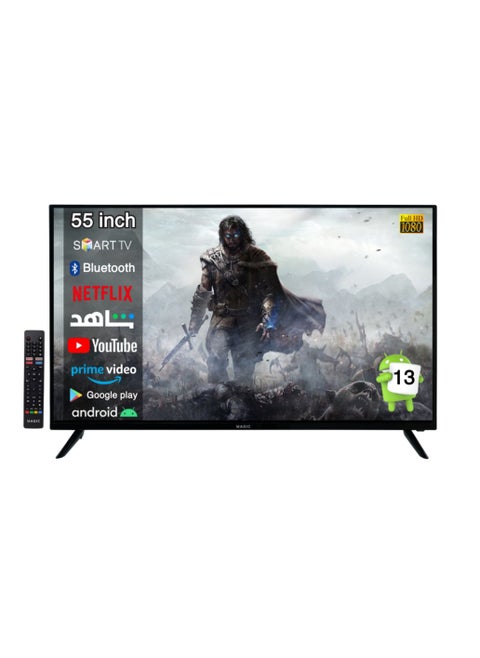 55 Inch Full HD Smart TV with Built-in DVB-T2/S2 Receiver, Android 13, WiFi, Shahid, Miracast, Multilanguage OSD, 2 Remotes with Air Mouse, Includes A Wall Mount, 1 Year Warranty Magic World