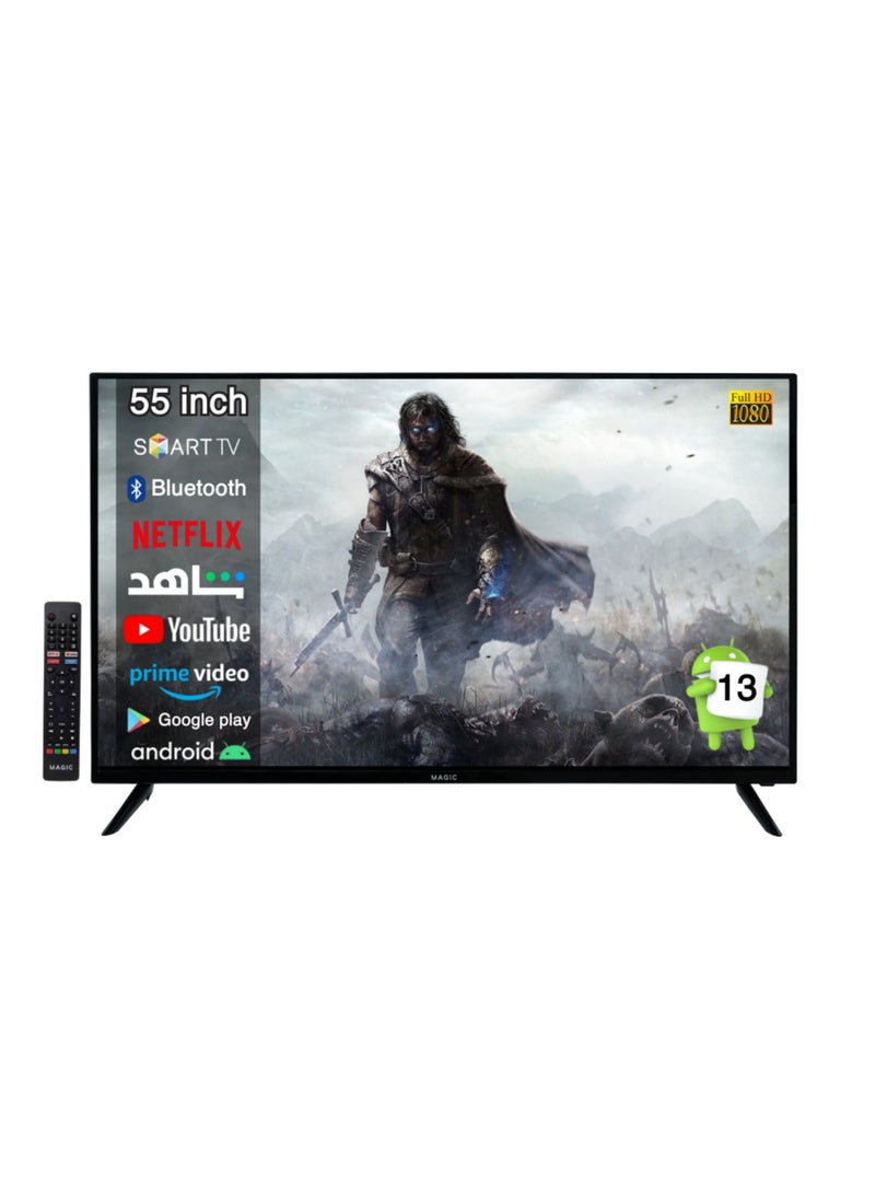 Magic 55 Inch Full HD Smart TV with Built-in DVB-T2/S2 Receiver, Android 13, WiFi, Shahid, Miracast, Multilanguage OSD, 2 Remotes with Air Mouse, Includes A Wall Mount, 1 Year Warranty Magic World  - Image 1