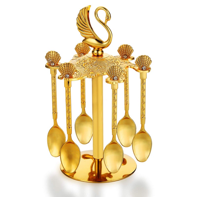 Flylin Decorative Swan Base Holder with 6 Spoons Coffee Dessert Spoons SetTeaspoons Jam Spoons for Fruit Stirring Mixing Sugar Ice Cream Cake Gold