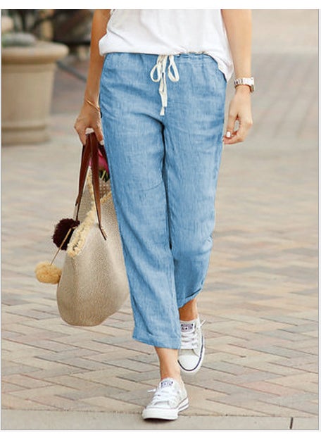 2023 Pure Color Loose Casual Cotton Linen Capri Pants Sky Blue