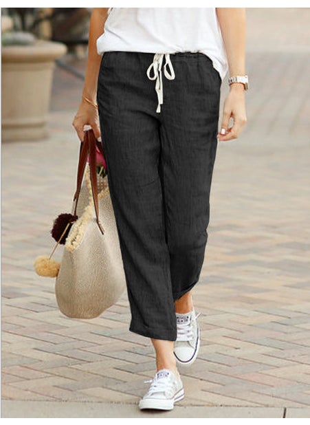 Generic - 2023 Pure Color Loose Casual Cotton Linen Capri Pants Sky Blue - Image 1