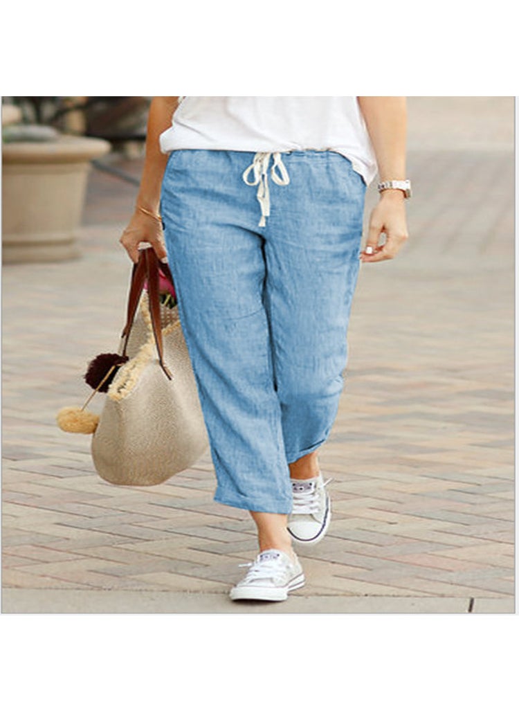 Generic - 2023 Pure Color Loose Casual Cotton Linen Capri Pants Sky Blue - Image 1