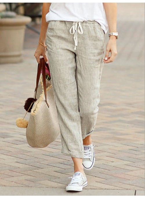 Generic - 2023 Pure Color Loose Casual Cotton Linen Capri Pants Sky Blue - Image 1