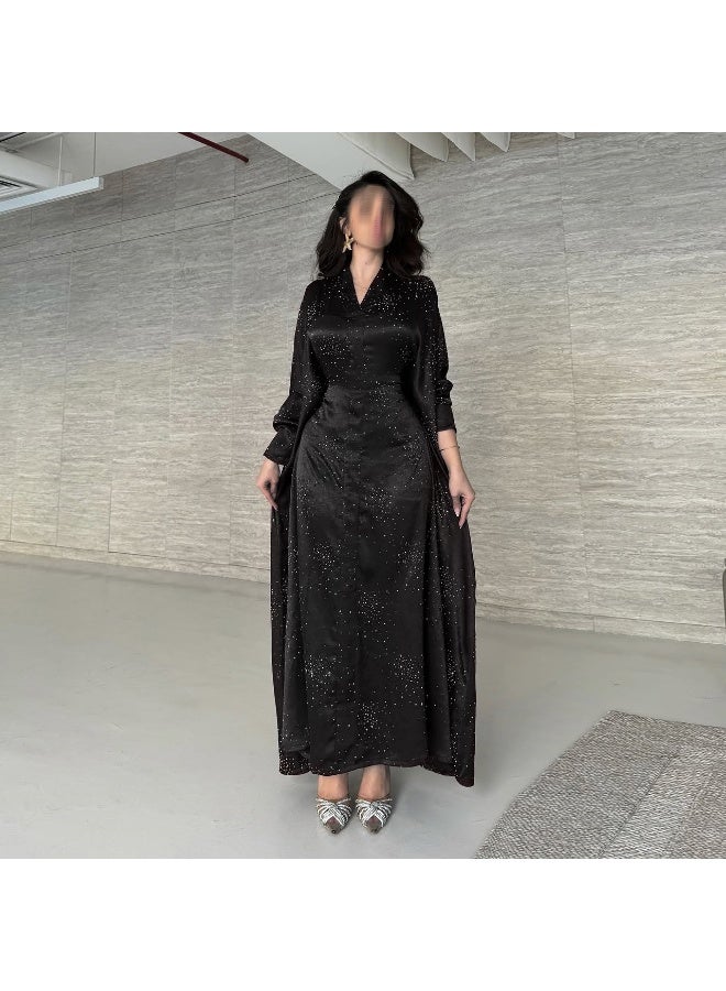 Women Navy Blue 2 Piece Abaya Set Rhinestone Dot Open Front Outerwear V Neck Loose Maxi Dress - Image 2