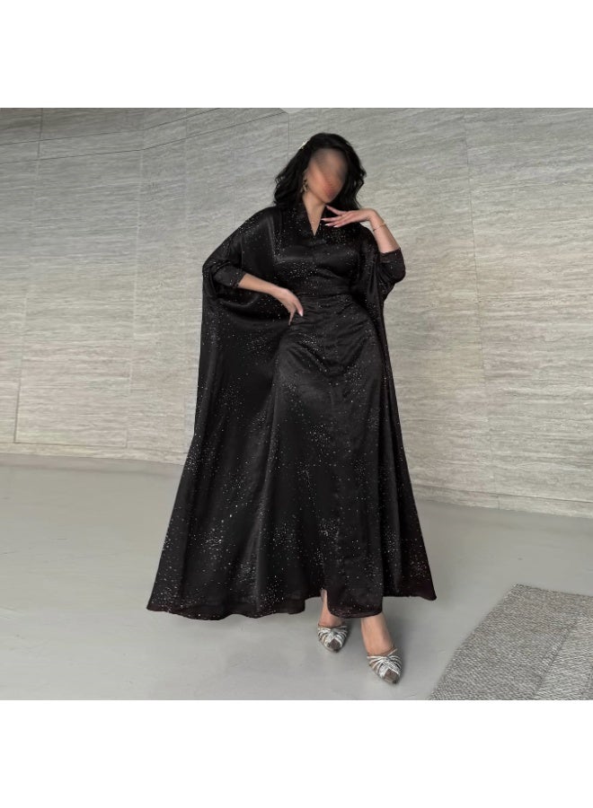 Women Navy Blue 2 Piece Abaya Set Rhinestone Dot Open Front Outerwear V Neck Loose Maxi Dress - Image 1