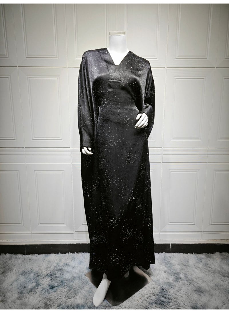 Women Navy Blue 2 Piece Abaya Set Rhinestone Dot Open Front Outerwear V Neck Loose Maxi Dress - Image 3