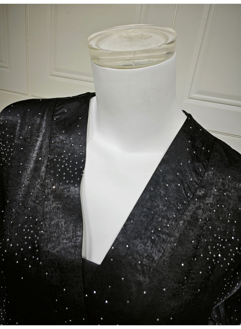 Women Navy Blue 2 Piece Abaya Set Rhinestone Dot Open Front Outerwear V Neck Loose Maxi Dress - Image 5