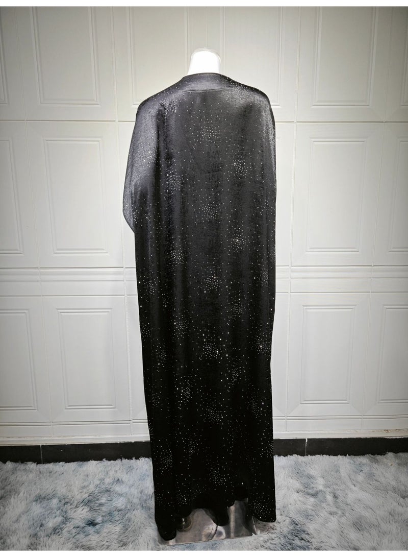 Women Navy Blue 2 Piece Abaya Set Rhinestone Dot Open Front Outerwear V Neck Loose Maxi Dress - Image 4