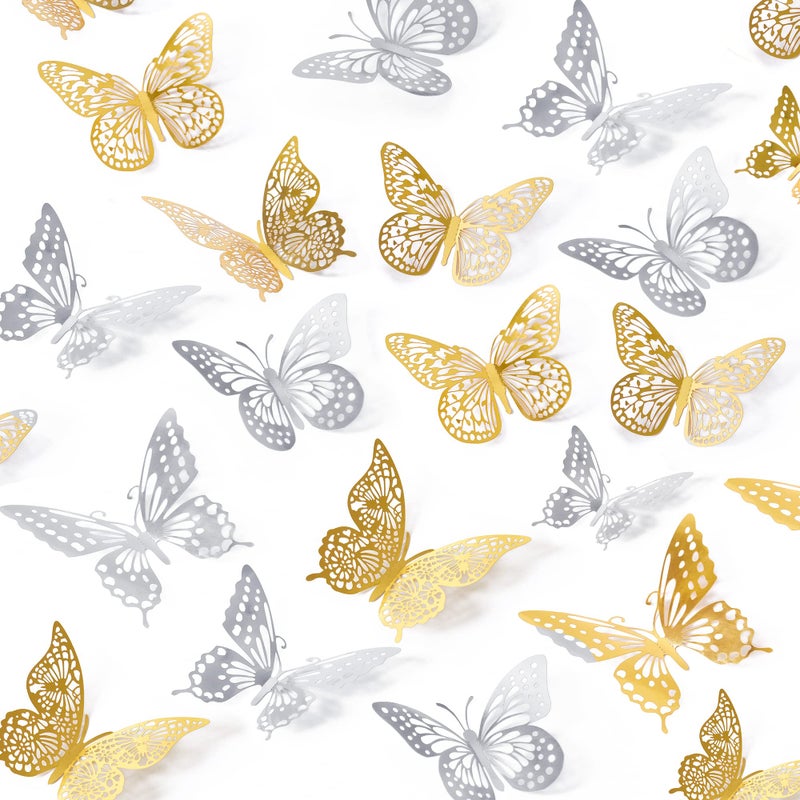 SAOROPEB 3D Butterfly Wall Decor 48 Pcs 4 Styles 3 Sizes, Butterfly Birthday Decorations Party Decorations Cake Decorations Wedding Decor, Removable Stickers (Gold, Silver) - Image 1