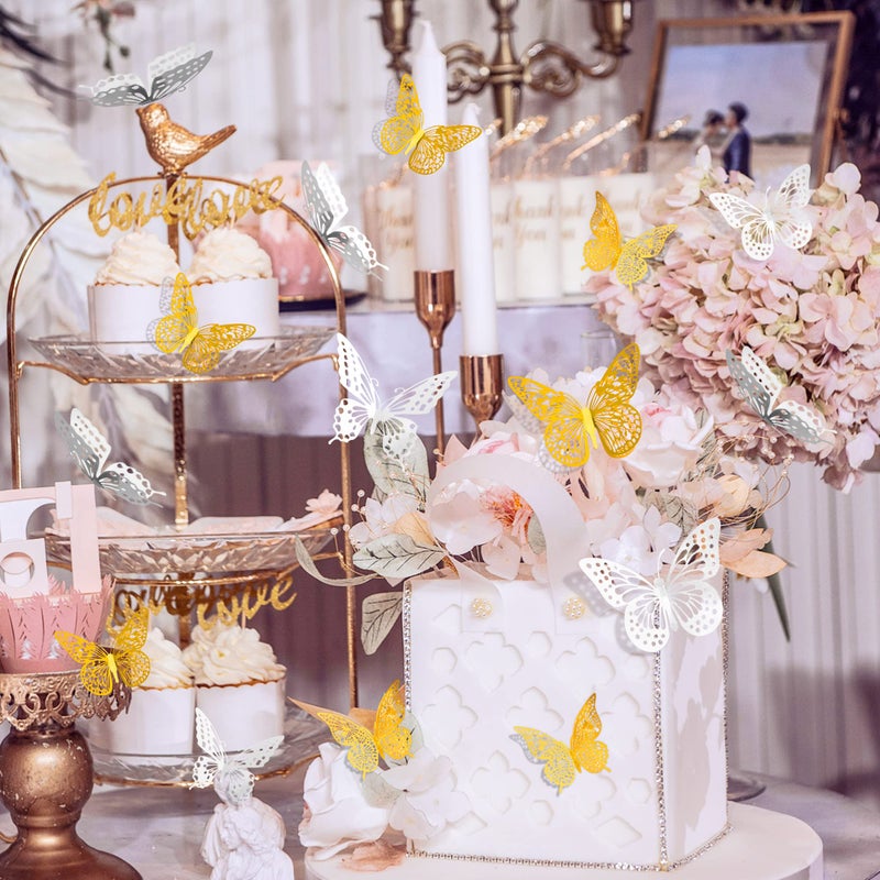 SAOROPEB 3D Butterfly Wall Decor 48 Pcs 4 Styles 3 Sizes, Butterfly Birthday Decorations Party Decorations Cake Decorations Wedding Decor, Removable Stickers (Gold, Silver) - Image 3