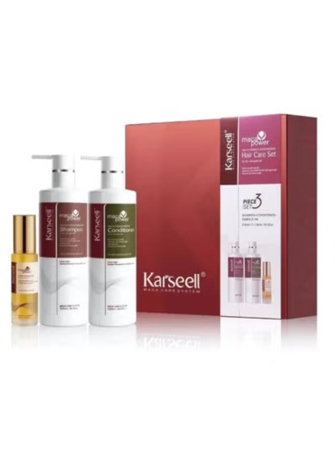 Karseell Collagen Hair Treatment Maca Essence Hair Care Set, Hair Oil Shampoo and Conditioner Set for Dry Damaged Hair All Hair Types 2 x 16.9fl.oz + 1.69fl.oz