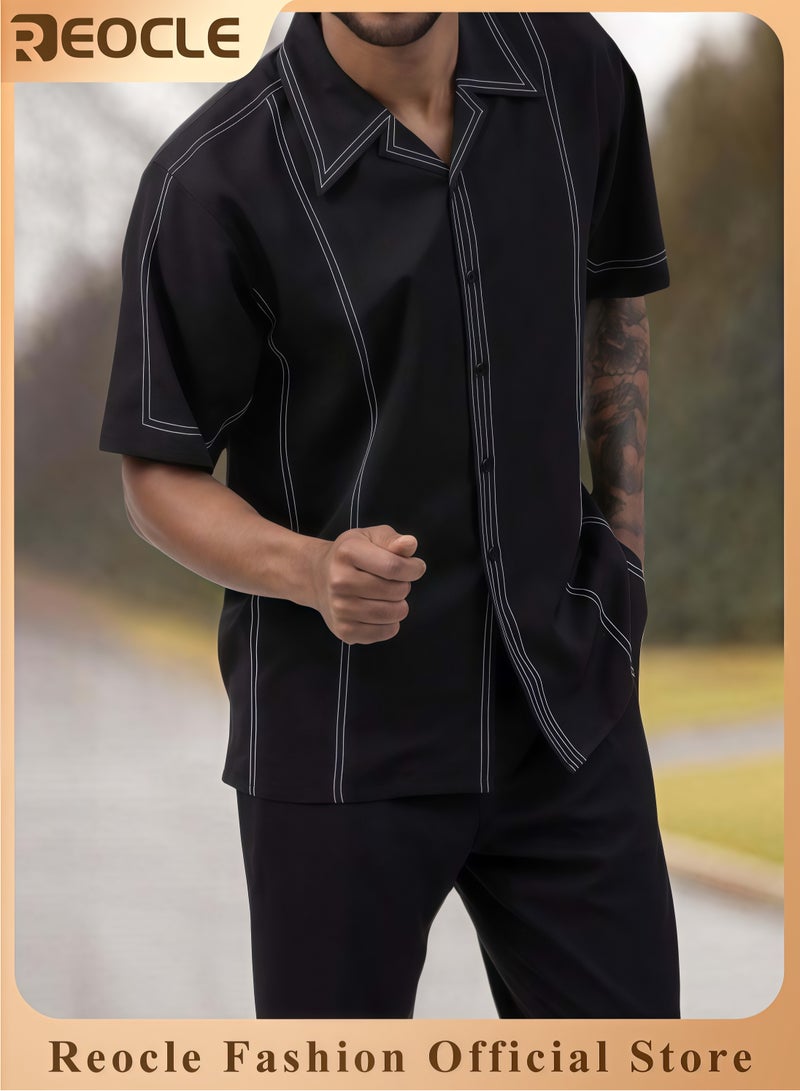 REOCLE Men's 2PCS Set Casual Holiday Style Set Short Sleeve Button Down Hawaiian Pants Set Casual Beach Style  Polo Shirt and Pants Set - Image 1