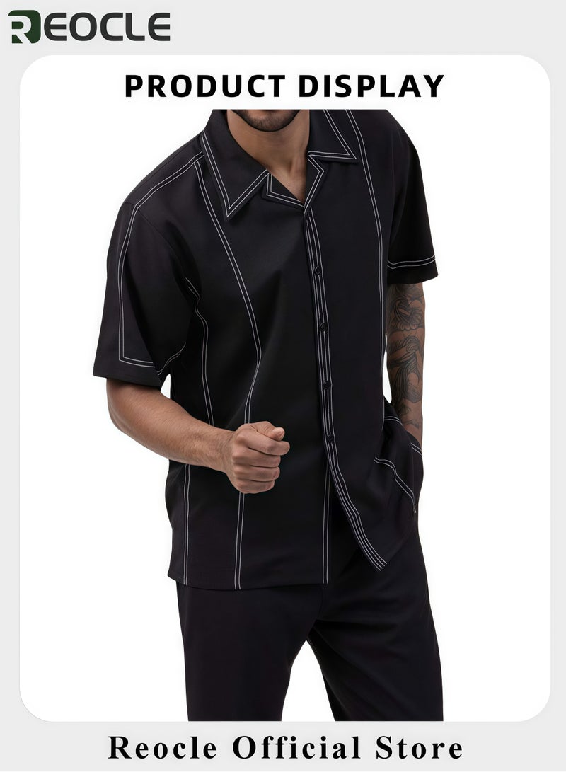 REOCLE Men's 2PCS Set Casual Holiday Style Set Short Sleeve Button Down Hawaiian Pants Set Casual Beach Style  Polo Shirt and Pants Set - Image 2