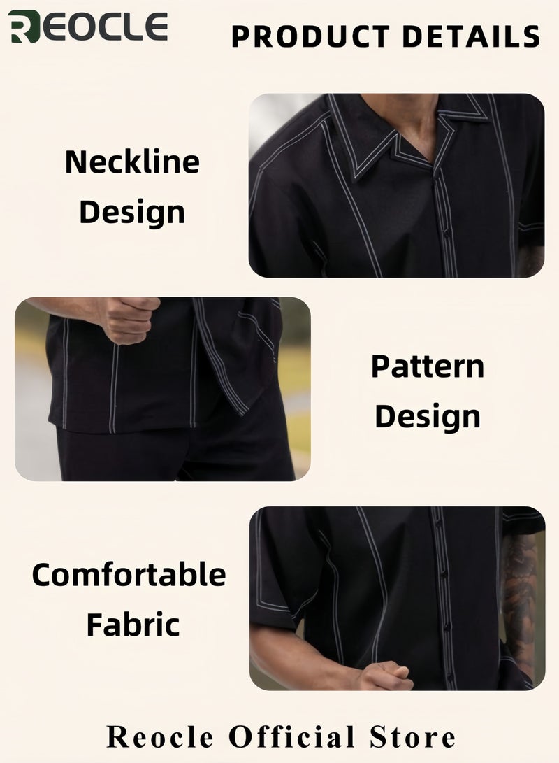 REOCLE Men's 2PCS Set Casual Holiday Style Set Short Sleeve Button Down Hawaiian Pants Set Casual Beach Style  Polo Shirt and Pants Set - Image 3