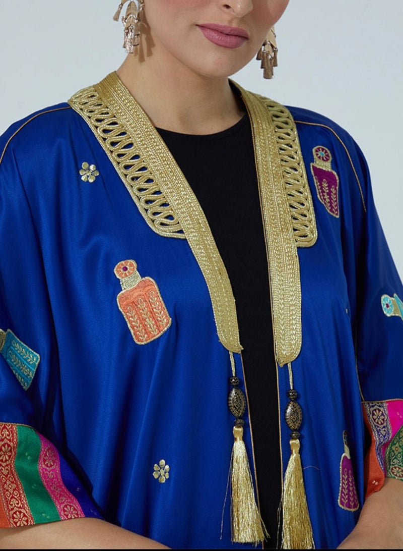 Rosette Abaya Fancy Bisht with Mix Arabic color design with Gold Touch - Image 2