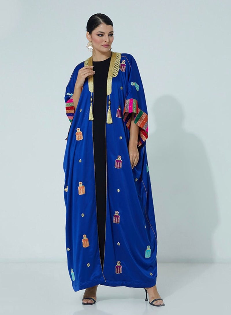 Rosette Abaya Fancy Bisht with Mix Arabic color design with Gold Touch - Image 4