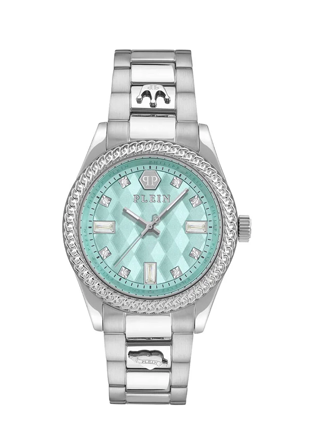 PHILIPP PLEIN QUEEN Women’s 38mm Watch, All-Silver Stainless Steel with Turquoise Dial & Sparkling Diamond-Like Indices