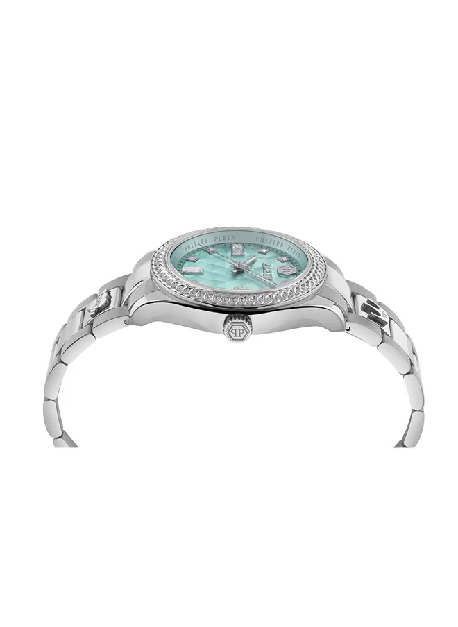 PHILIPP PLEIN QUEEN Women’s 38mm Watch, All-Silver Stainless Steel with Turquoise Dial & Sparkling Diamond-Like Indices