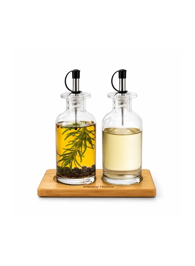 Danny Home 2-Piece Glass Oil & Vinegar Dispenser Set 300ml with Bamboo Stand – Leakproof Pouring Bottles for Kitchen & Dining - Image 1