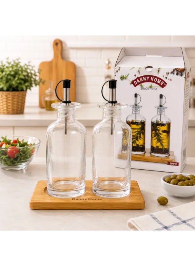 Danny Home 2-Piece Glass Oil & Vinegar Dispenser Set 300ml with Bamboo Stand – Leakproof Pouring Bottles for Kitchen & Dining - Image 2