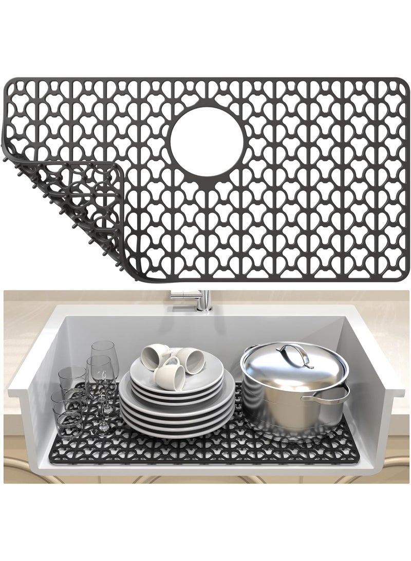 Silicone Kitchen utensil_storage Sink Mats - 26''x14'' Protectors with Rear Drain, Cut to Fit, Heat Resistant & Flexible, Suitable for Bottom of Farmhouse & Porcelain Sinks, Black - Image 1