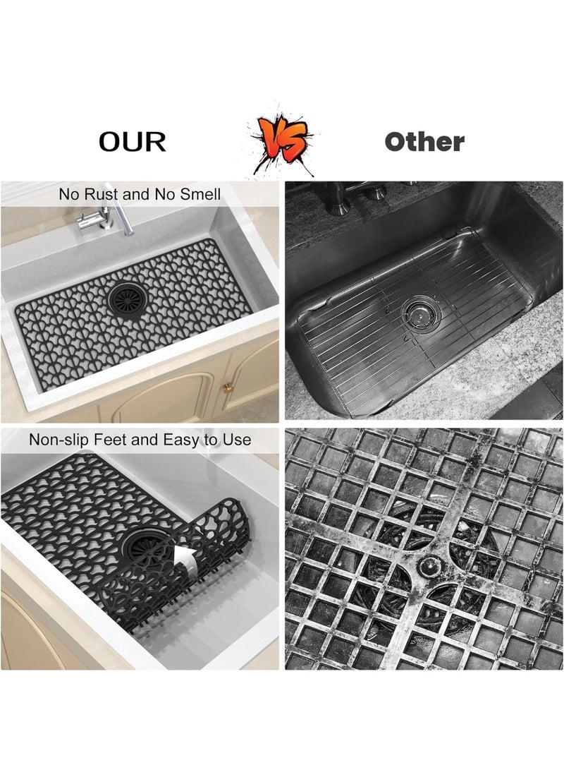 Silicone Kitchen utensil_storage Sink Mats - 26''x14'' Protectors with Rear Drain, Cut to Fit, Heat Resistant & Flexible, Suitable for Bottom of Farmhouse & Porcelain Sinks, Black - Image 5