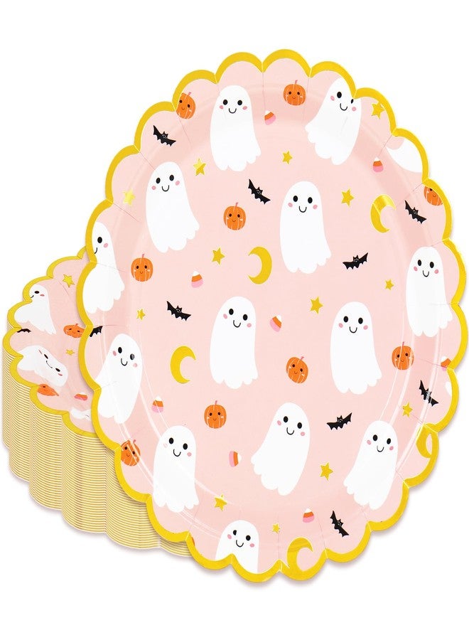 JarThenaAMCS جرثينا إيه إم سي إس 50 قطعة أطباق ورقية للهالوين بألوان وردية على شكل شبح أطباق قابلة للتصرف 9 بوصة طبق عشاء مزين بشبح لطيف مع حافة مقصوصة بالذهب لمستلزمات حفلات الهالوين أو عيد الميلاد - Image 1