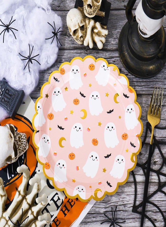 JarThenaAMCS جرثينا إيه إم سي إس 50 قطعة أطباق ورقية للهالوين بألوان وردية على شكل شبح أطباق قابلة للتصرف 9 بوصة طبق عشاء مزين بشبح لطيف مع حافة مقصوصة بالذهب لمستلزمات حفلات الهالوين أو عيد الميلاد - Image 3
