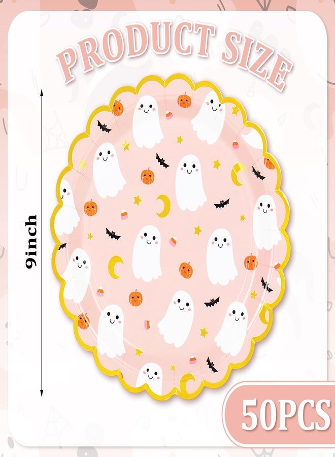 JarThenaAMCS جرثينا إيه إم سي إس 50 قطعة أطباق ورقية للهالوين بألوان وردية على شكل شبح أطباق قابلة للتصرف 9 بوصة طبق عشاء مزين بشبح لطيف مع حافة مقصوصة بالذهب لمستلزمات حفلات الهالوين أو عيد الميلاد - Image 2