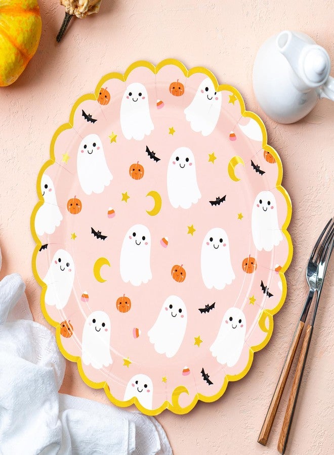 JarThenaAMCS جرثينا إيه إم سي إس 50 قطعة أطباق ورقية للهالوين بألوان وردية على شكل شبح أطباق قابلة للتصرف 9 بوصة طبق عشاء مزين بشبح لطيف مع حافة مقصوصة بالذهب لمستلزمات حفلات الهالوين أو عيد الميلاد - Image 5