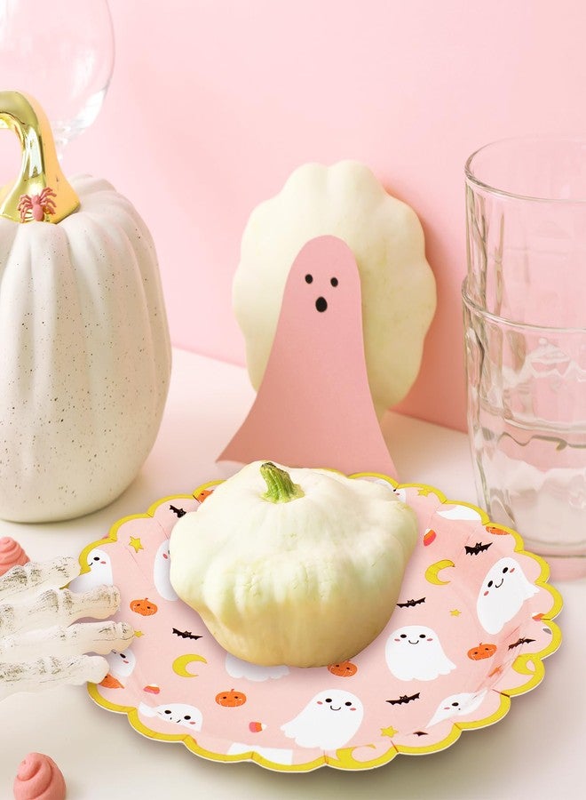 JarThenaAMCS جرثينا إيه إم سي إس 50 قطعة أطباق ورقية للهالوين بألوان وردية على شكل شبح أطباق قابلة للتصرف 9 بوصة طبق عشاء مزين بشبح لطيف مع حافة مقصوصة بالذهب لمستلزمات حفلات الهالوين أو عيد الميلاد - Image 4