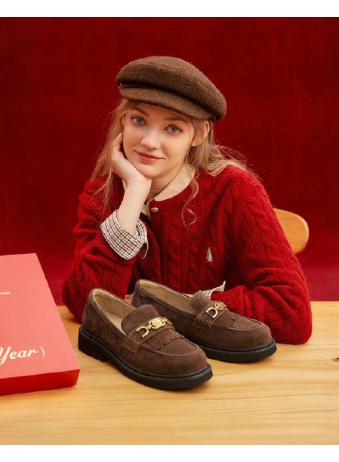 Hush Puppies Autumn/winter New Genuine Leather Metal Buckle Loafers Retro Height-increasing Stylish Versatile Small Leather Shoes - Image 1