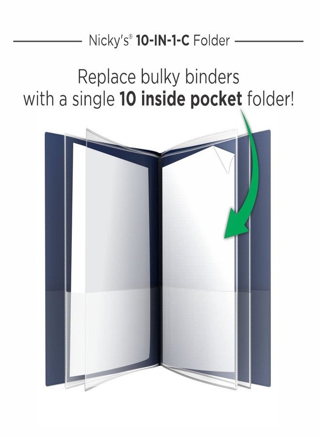 Nicky's Folders Nicky's® Multi Pocket Organizer, 10 or 14 Page Folder, Waterproof, Patented Tear-Resistant, Flexible Plastic, Proudly Made in USA, Binder Substitute. (10-in-1 Clear Inside/Navy Blue Outside) - Image 2