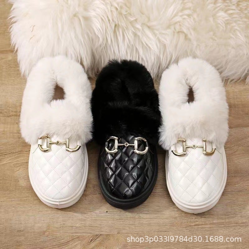 2023 Fashion Leather Peas Shoes Fleece-Lined Warm Cold-Resistant Student Mother Comfortable One-Piece Delivery - Image 2