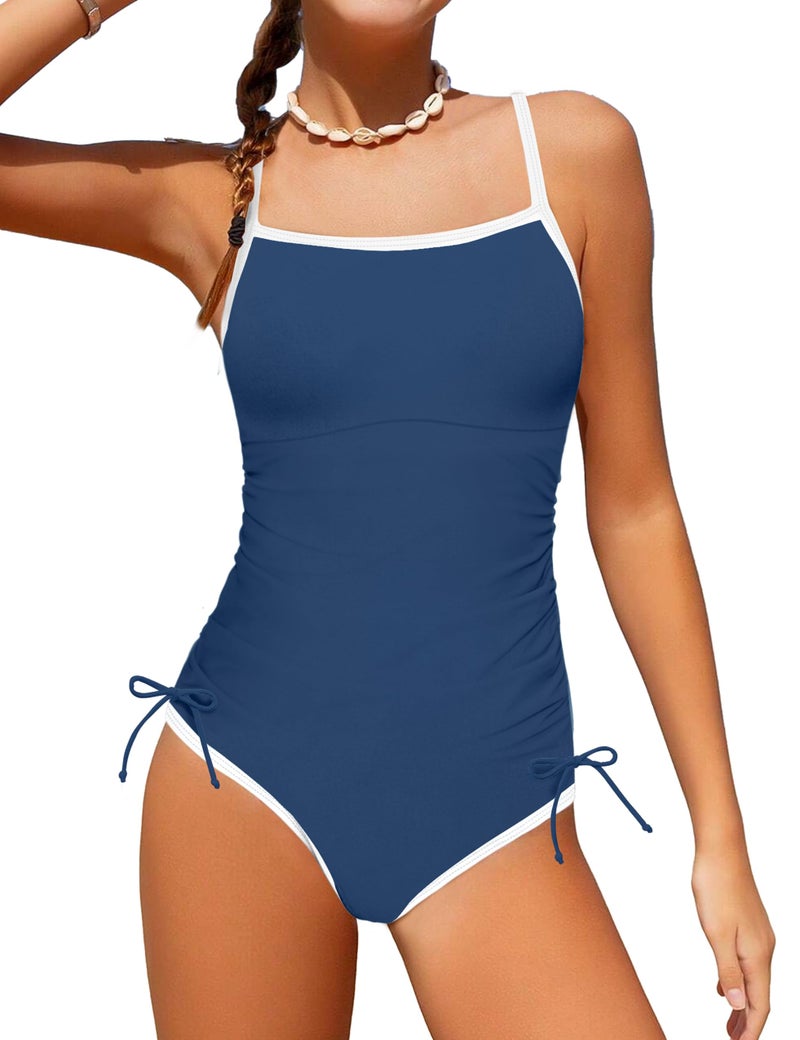 TyeSmo Girls Swimsuit Size 10-12 One Piece Swimsuits 10-12 Color Block Strap Tween Bathing Suits for Girls 10 12 Drawstring Padded Swimwear Kids Bathing Suits Girl Size 12 Swimsuit Dark Blue - Image 1