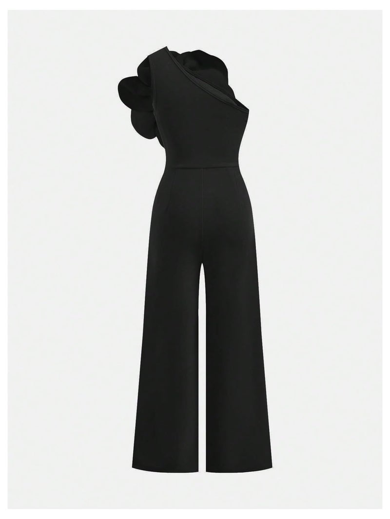 OYOANGLE Girl's 3D Floral Tank Jumpsuits Sleeveless Asymmetrical Neck Straight Leg Long Pants Rompers Black 12Y - Image 3