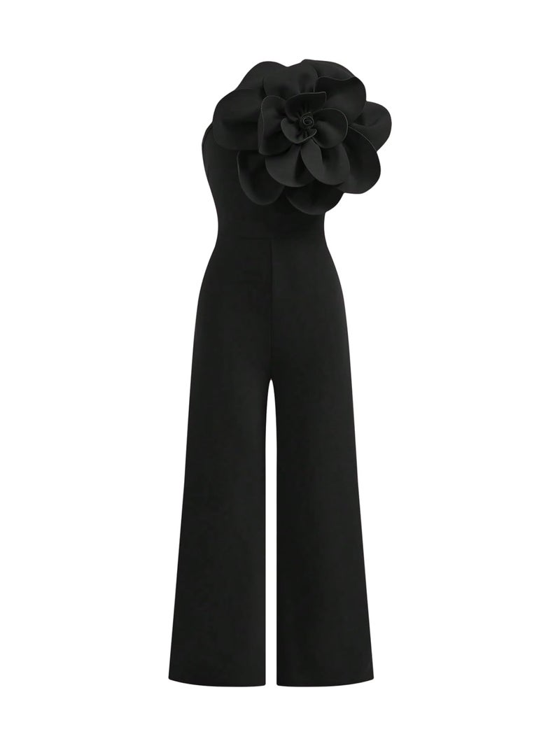 OYOANGLE Girl's 3D Floral Tank Jumpsuits Sleeveless Asymmetrical Neck Straight Leg Long Pants Rompers Black 12Y - Image 1