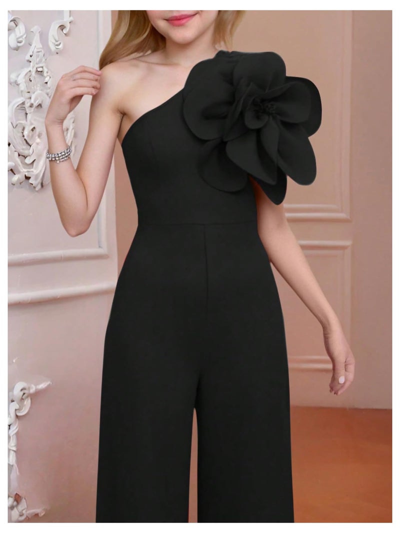 OYOANGLE Girl's 3D Floral Tank Jumpsuits Sleeveless Asymmetrical Neck Straight Leg Long Pants Rompers Black 12Y - Image 2