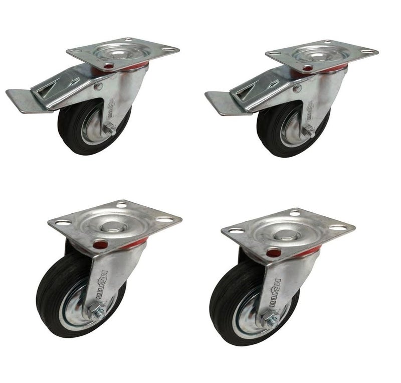 WeighTAJ Industrial Black Rubber Tyre Swivel Caster Wheel with brake steel plate roller bearing 4pc Set2 with brakes 2 Without Ideal for Light Transports in office warehouses 100mm 4inch