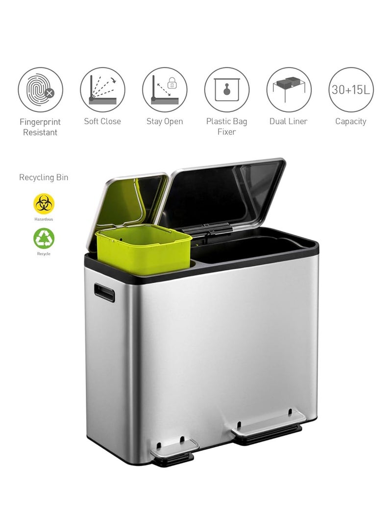 Obsessions Obsessions Stainless Steel Step Dustbin with Dual Liner, 30+15 Litres, Metallic - Image 4