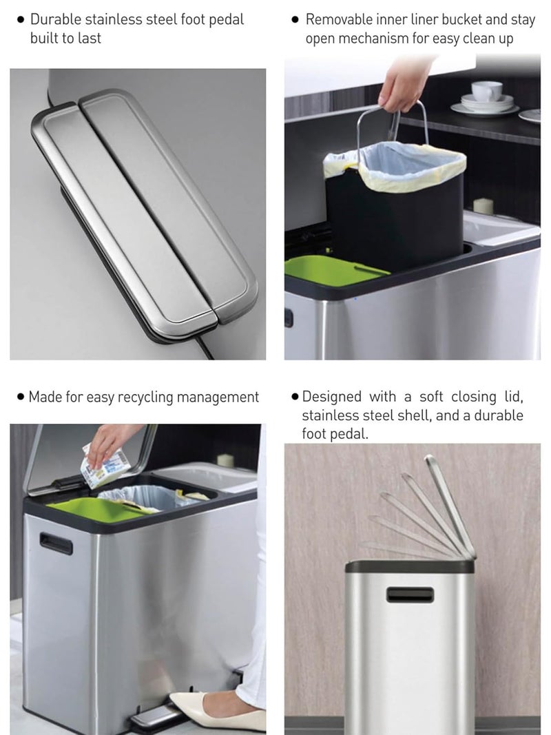 Obsessions Obsessions Stainless Steel Step Dustbin with Dual Liner, 30+15 Litres, Metallic - Image 5