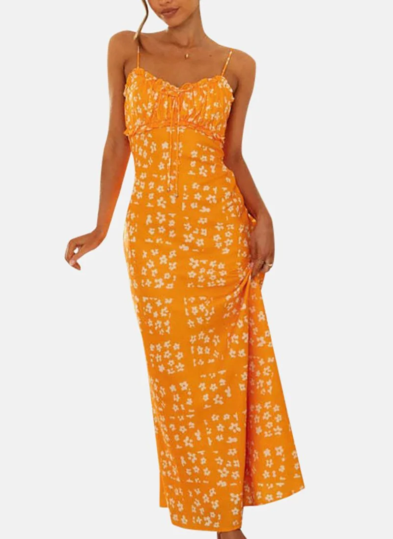 YUNIQEE Orange Women Floral Print Shoulder Strap Maxi Dress