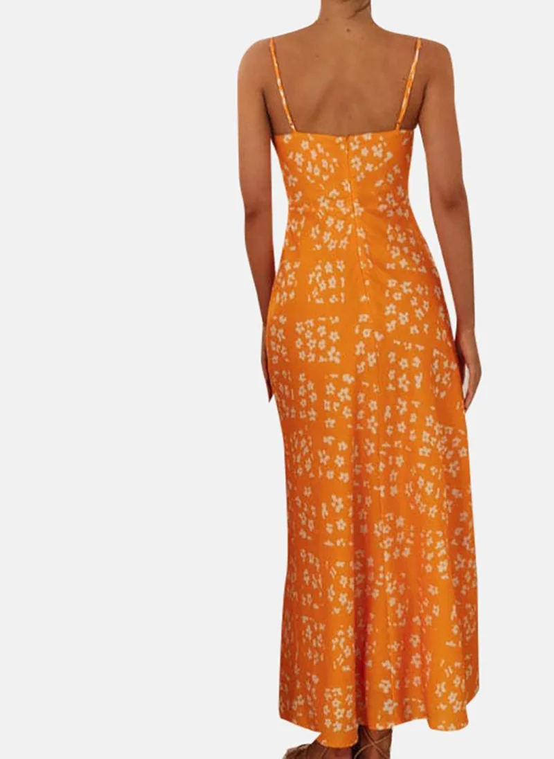 يونيكي Orange Women Floral Print Shoulder Strap Maxi Dress