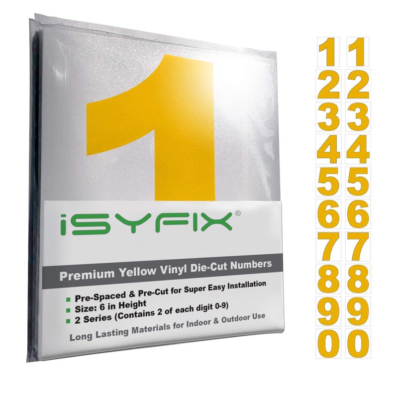 iSYFIX Yellow Vinyl Numbers Stickers â€“ 6 Inch Self Adhesive (2 Sets)- Premium Decal Die Cut and Pre-Spaced for Mailbox, Signs, Window, Door, Cars, Trucks, Homes, Address Numbers, Indoor or Outdoor - Image 1