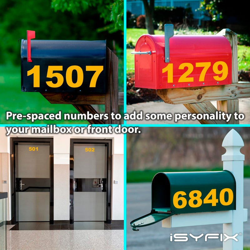 iSYFIX Yellow Vinyl Numbers Stickers â€“ 6 Inch Self Adhesive (2 Sets)- Premium Decal Die Cut and Pre-Spaced for Mailbox, Signs, Window, Door, Cars, Trucks, Homes, Address Numbers, Indoor or Outdoor - Image 2
